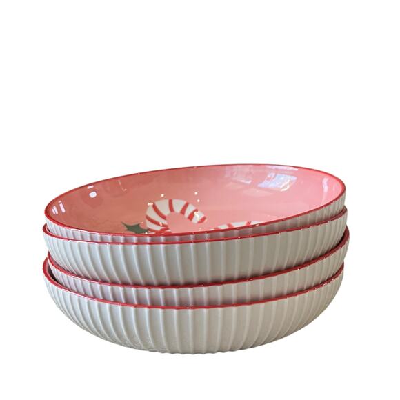 Christmas Candy Cane Dinner Bowl Set of 4 Ceramic Pink Red PrimaDesign Holiday - Picture 11 of 16